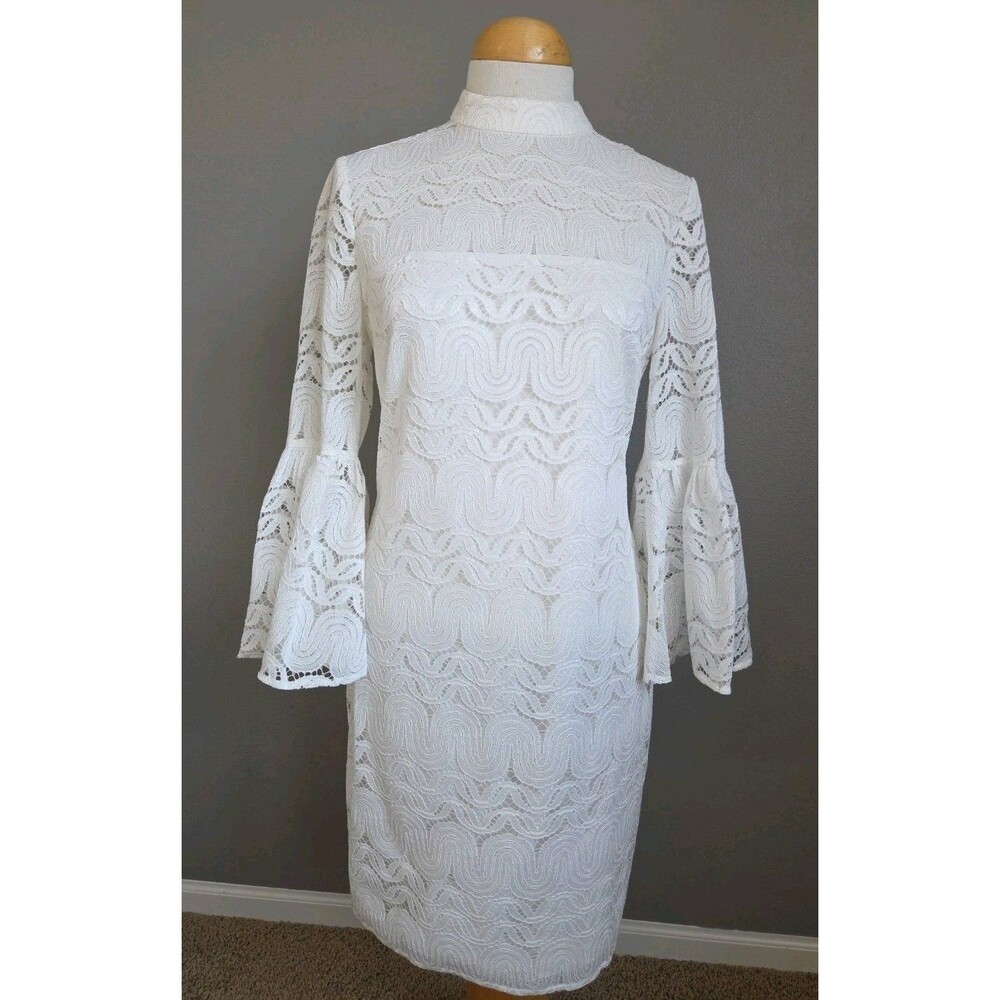 NWT Trina Turk | Size 6 | White Lace 3/4 Bell Sleeves Mini Dress MSRP $228